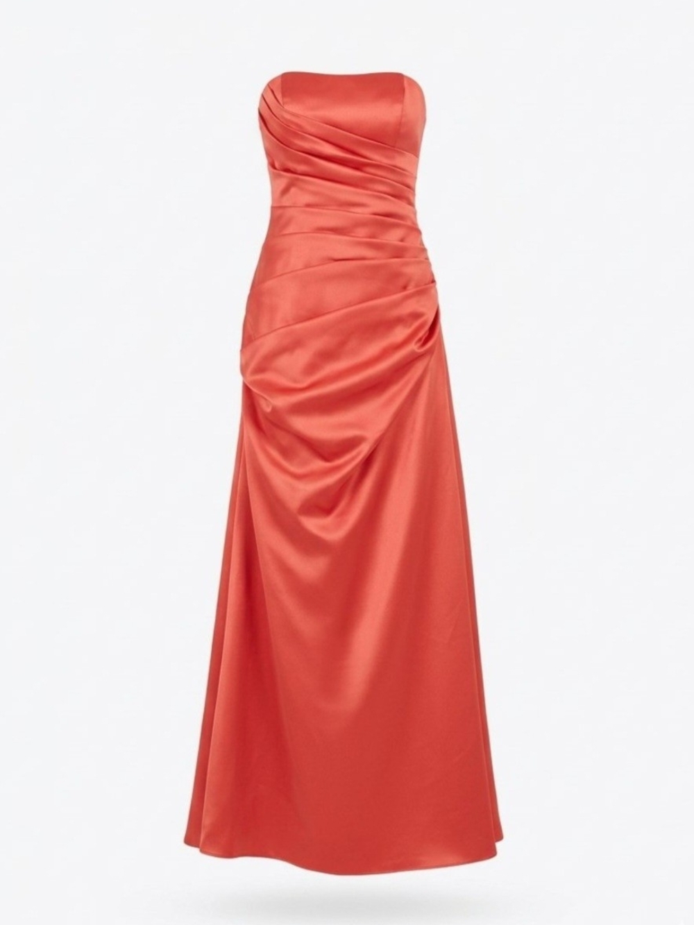 David's Bridal Strapless Satin Prom Gown in Coral-Red
